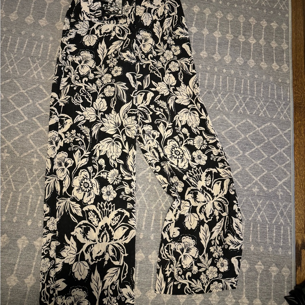 Floral Black and White Wide-Leg Pants